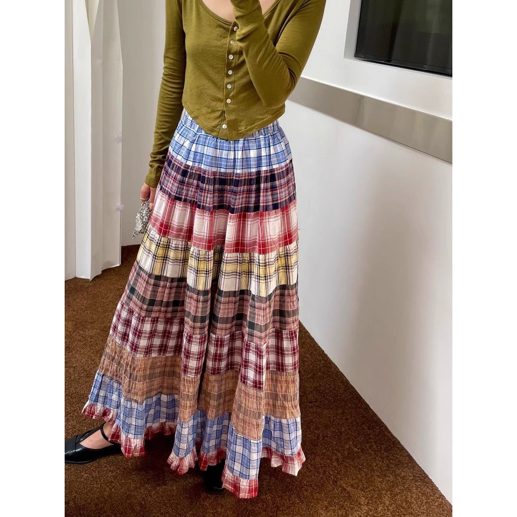Rok Wanita Pinggang Tinggi Motif Kotak-kotak Patchwork a Rok Payung Panjang Vintage dengan Huruf Bes