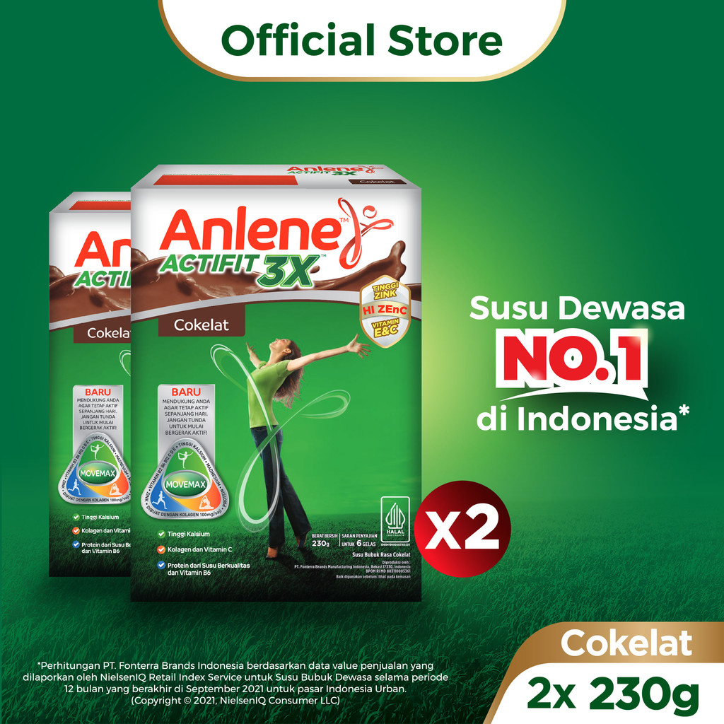 

Anlene Actifit 3X Susu Bubuk Dewasa Cokelat 2 x 230g - Nutrisi Tinggi Kalsium Untuk Tulang, Sendi, dan Otot