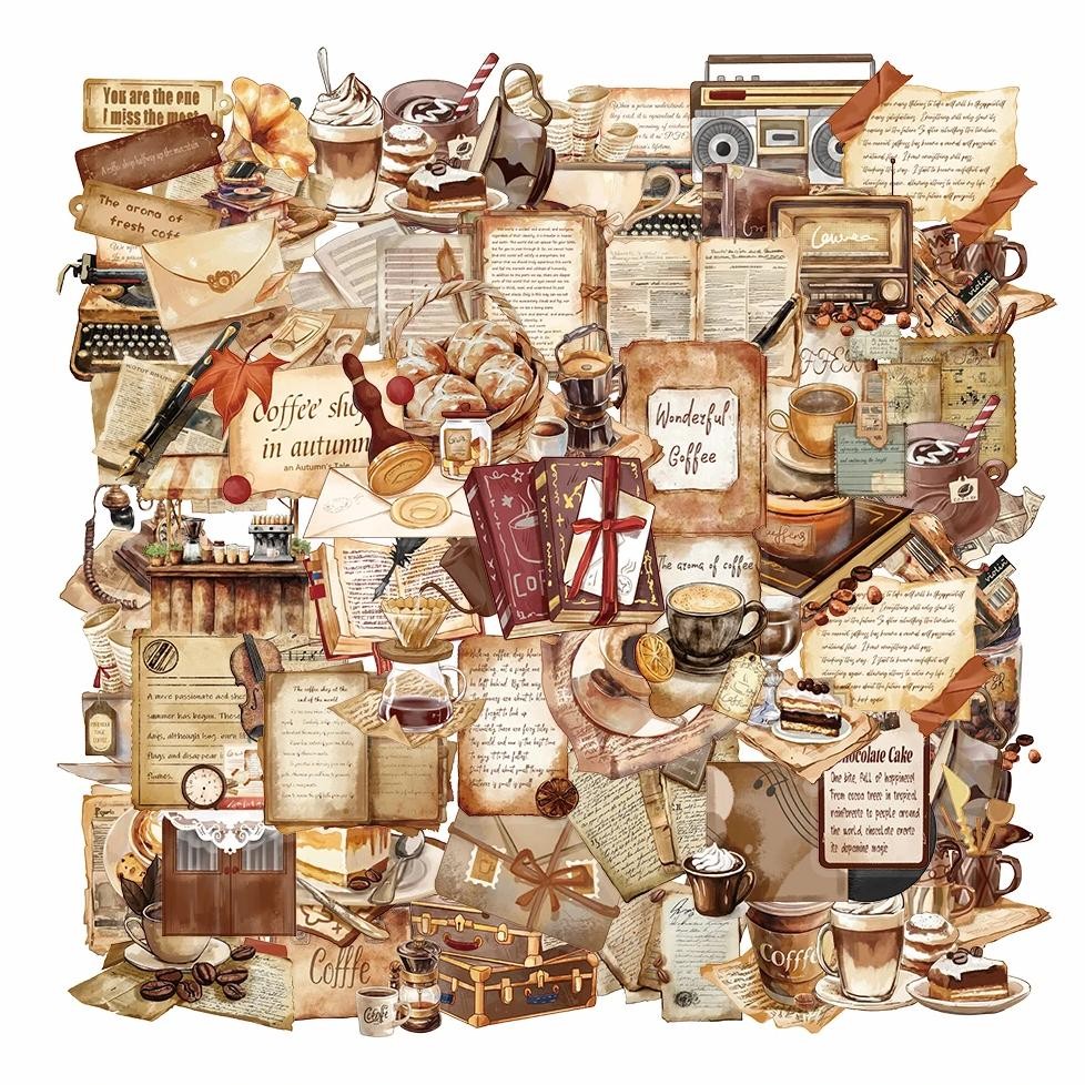 

50Pcs Cartoon Retro Cafe Stickers Cute Animal Decoration Storage Box Luggage Notebook Skateboard Stickers