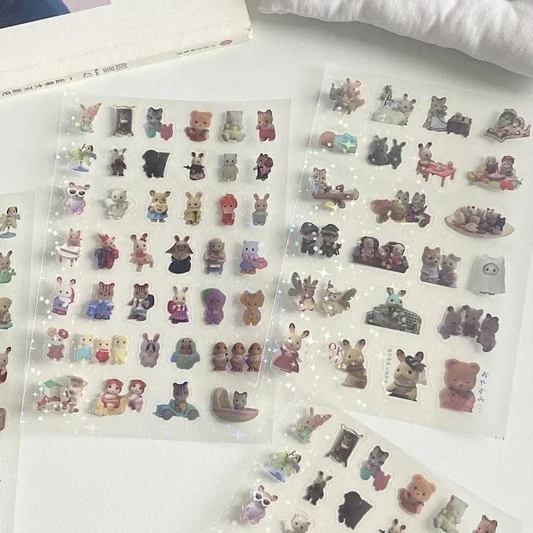 

6Pcs Japanese Retro Cute Cartoon Forest Animal Stickers Pet Aesthetic Flash Film Diy Stickers Journal Scrapbook Phone Case Decal
