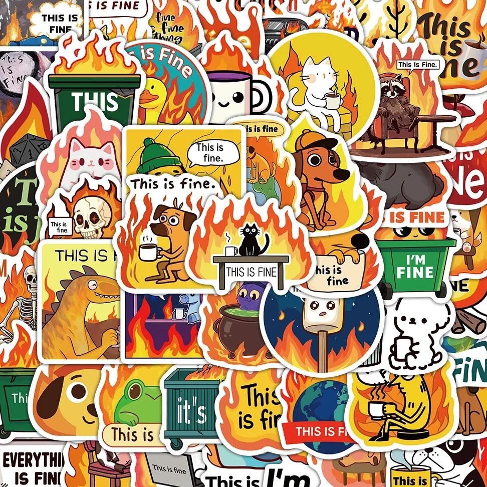 

50Pcs Cute This Is Fine Stickers Skateboard Classic Graffiti Nostalgia Laptop Living Phone Coffee Diy Landscape Wall Bar Sticker