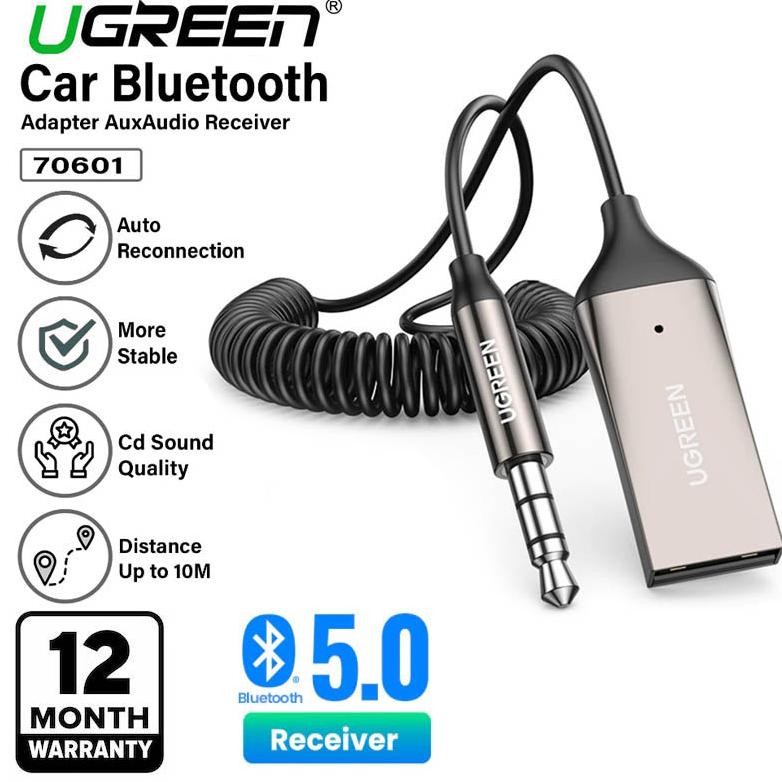 Ugreen 70601 Car USB Bluetooth Receiver Jack Audio 3.5mm Aux Adapter Cable - Kabel Converter Music H