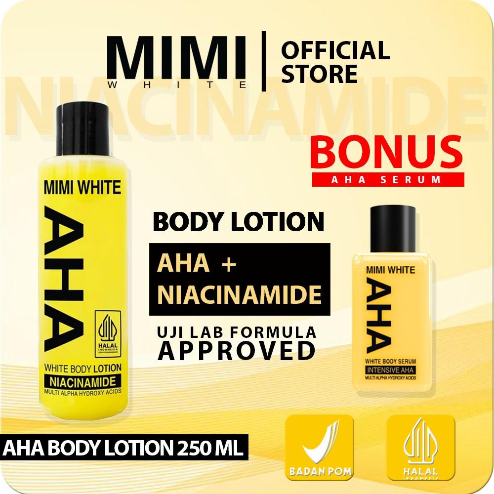 Mimi White Aha Body Lotion 250 Ml Free Serum 30 Ml Terlaris Best Quality 100% Original