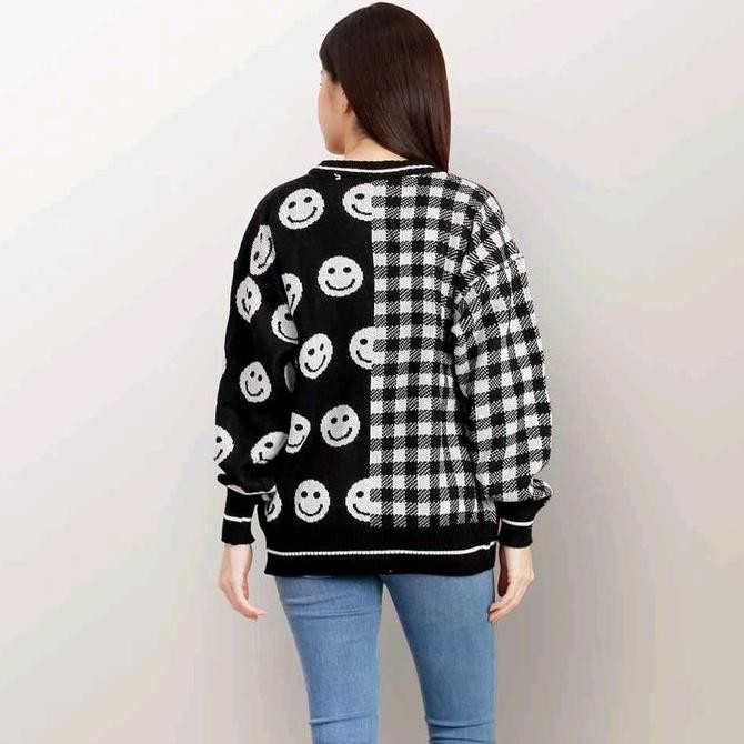 Cardigan Knitting Rajut Outer Wanita Lengan Panjang Motif Emot Smile Abstrak Kotak Black Hitam Fit K