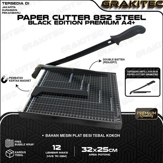 

Grakitec Paper Cutter A4 ( Alat Potong / Mesin Pemotong Kertas Hvs, Sticker, Dos, Pvc Card, Yellow Board, Art Paper, Vinyl. Bontax Camel, Kertas