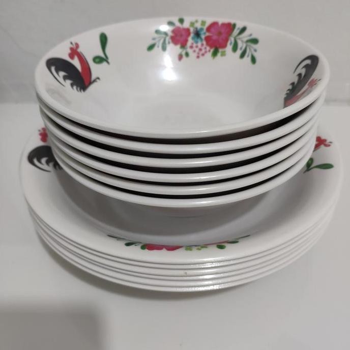 (Set 12 Pcs) Piring Ayam 9 inc / Mangkok Ayam 7 inc Melamin Singa Singi TY