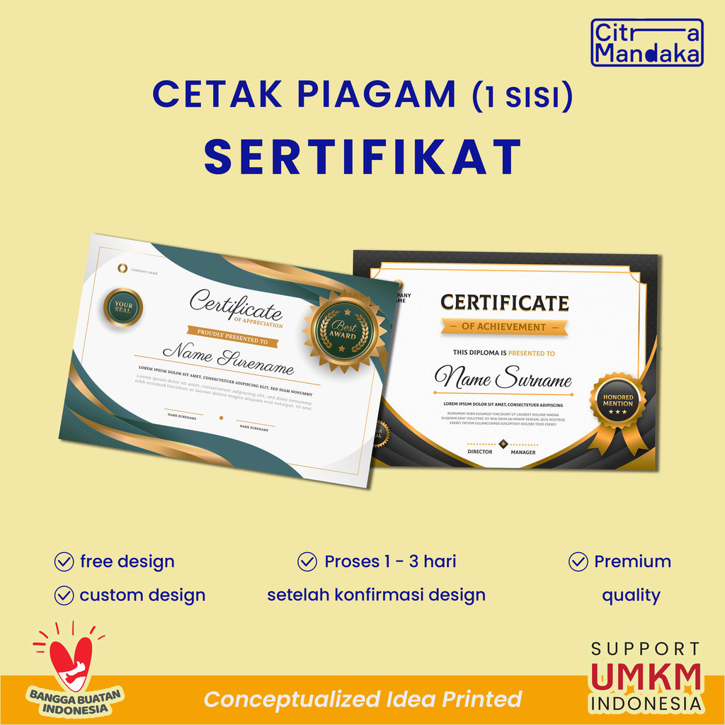 

Cetak Sertifikat Piagam Custom 1 Sisi