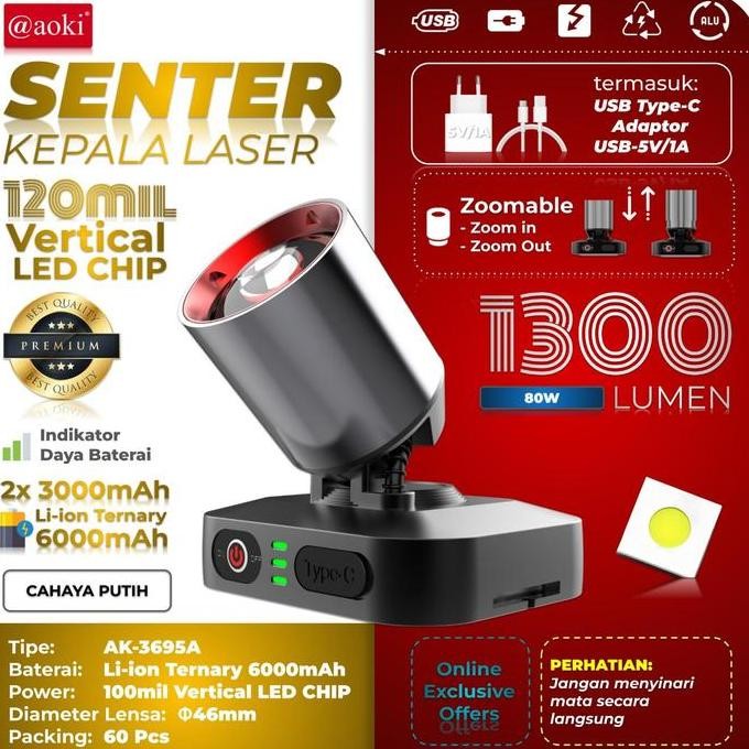 SENTER KEPALA LED LASER AOKI AK-3695A 80WATT 1300 LUMEN 6000MAH - ZOOM OUT JARAK JAUH - TAHAN LAMA D