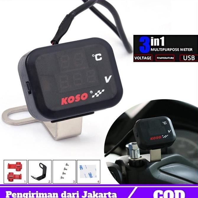 Universal Untuk Semua Motor MobilKoso Voltmeter 3in1 Pengukur Alat Ukur Tegangan Aki Suhu Digital Ja