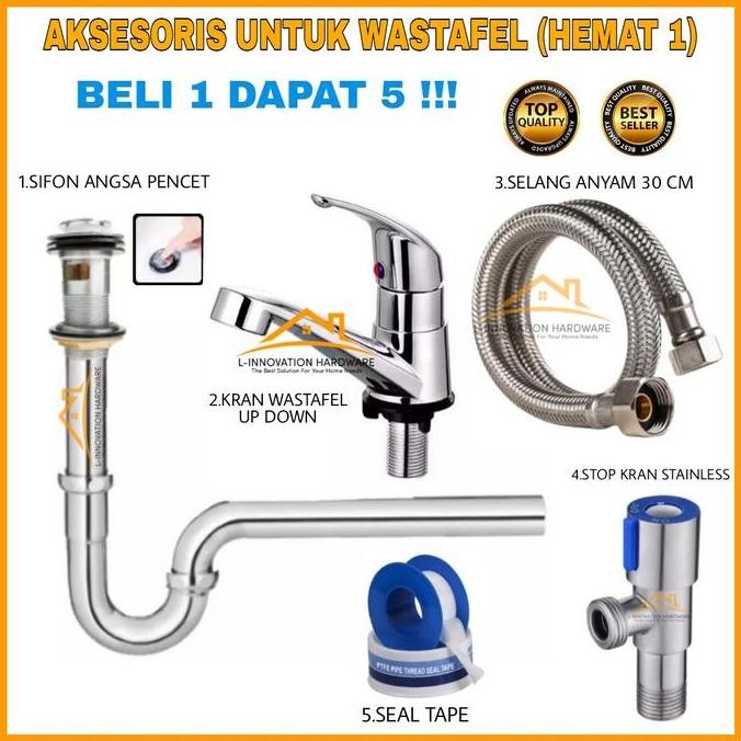Paket Kran Air Wastafel Cuci Tangan Keran Shower Selang Anyam Stainles