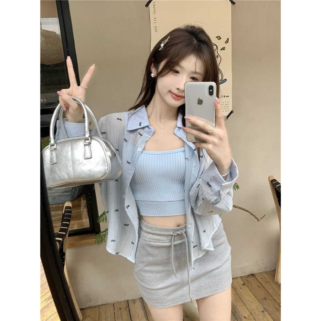 Rompi Rajut Tipis Cetak Pelindung Sinar Matahari Gaya Korea Baru Set Dua Bagian Wanita