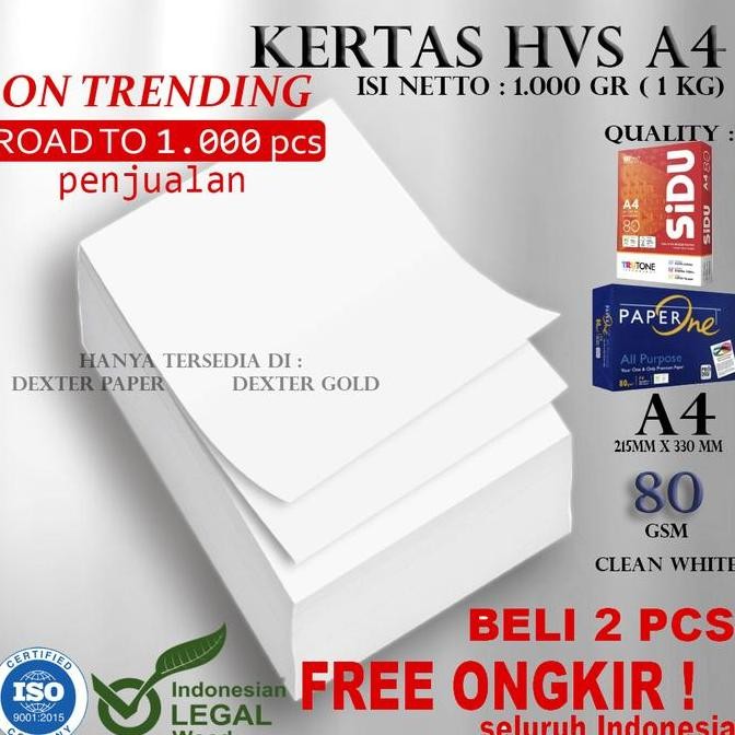 

KERTAS HVS A4 80 GSM/ KERTAS A4 80GR PER 1000GRAM (1KG)