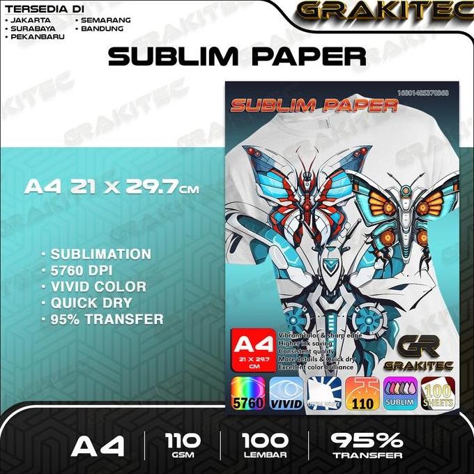 

Grakitec Kertas Sablon Sublim Transfer Paper A4 / LEGAL F4+ 110 Gsm - GRAKITEC Colourlife Sublim Paper A4 isi 100 Lembar