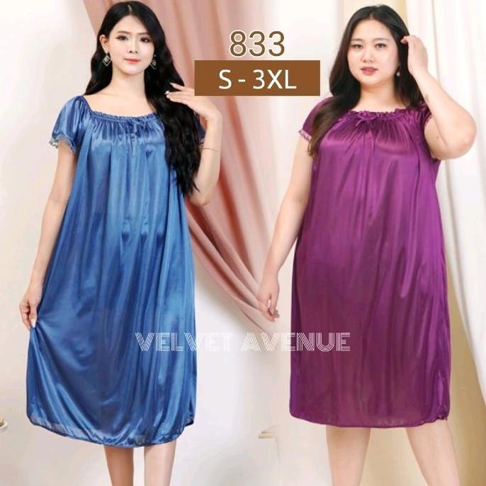 Velvet Avenue - Daster Wanita 833 Baju Tidur Dress Satin Reguler Bigsize Jumbo Piyama Lingerie Canti