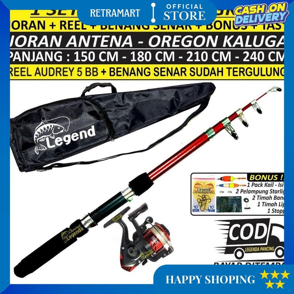 Pancing 1 Set Lengkap - Joran Antena Oregon Kaluga 1.5 / 1.8 / 2.1 / 2.4 Meter + Reel Audrey 5 Bb + 