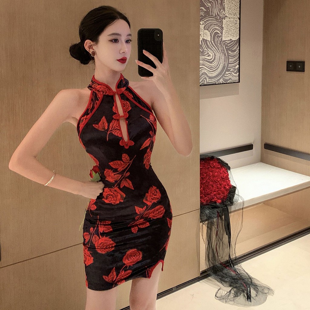 Gaun Bodycon Tanpa Lengan Beludru Sexy Gaya Cina Baru