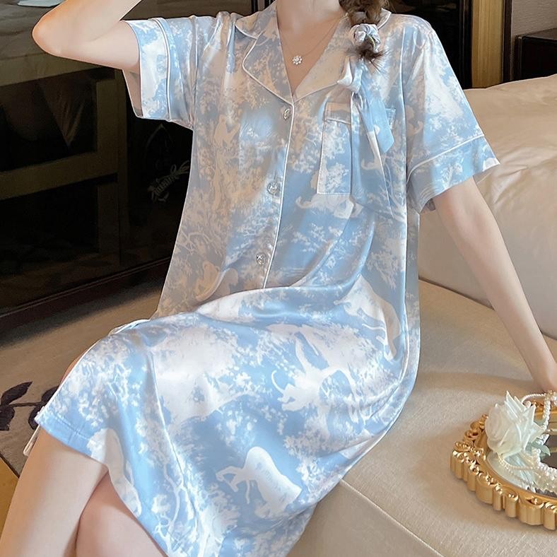 READY 2025 Ink Jungle Printing Es Sutra Baju Tidur Rok Panjang Wanita Rok Piyama Kemeja Sutra Bernil