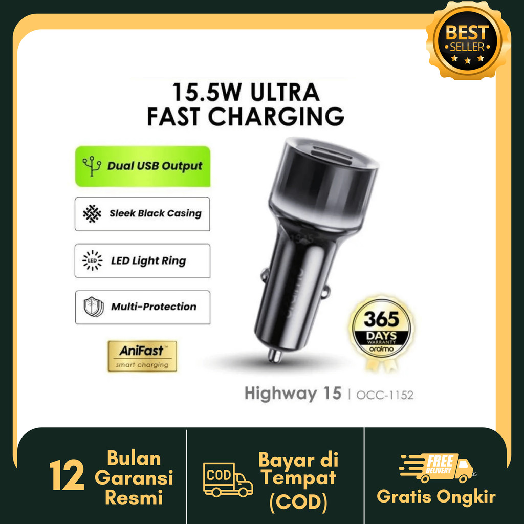 Oraimo Car Charger Oraimo OCC-1152D Black Charger Mobil- Black Original Oraimo