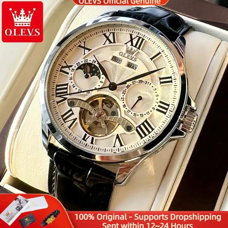 OLEVS 7013 Men Automatic Watch Luxury Waterproof 24-hour Moonphase Watch Hollow Out Flywheel Roman B