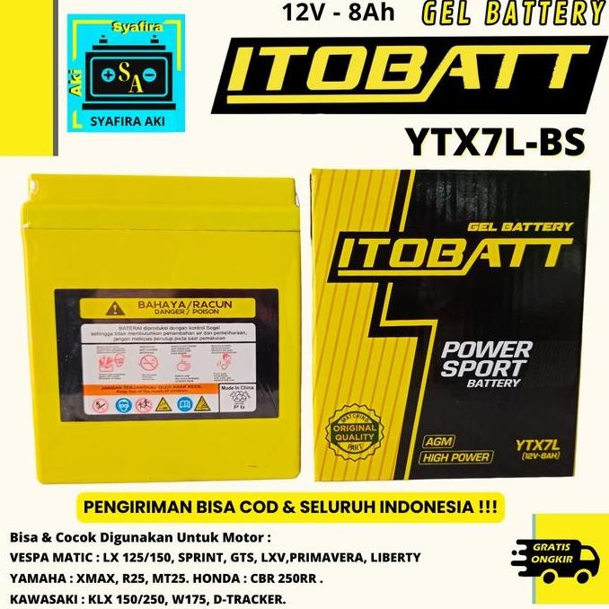 Aki Vespa Primavera Itobatt Gel Ytx7L-Bs 12V 8Ah
