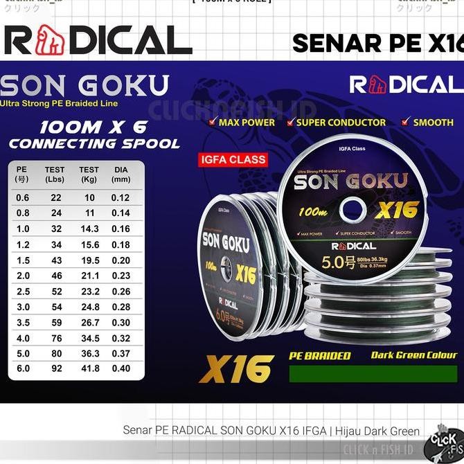 Senar Pe Radical Son Goku X16 100M Connecting| Hijau Lumut Dark Green