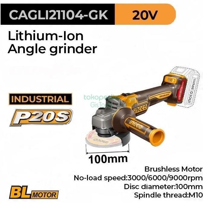 Gerinda Cordless 4" Brushles Ingco Cagli21104 - Cordless Angle Grinder