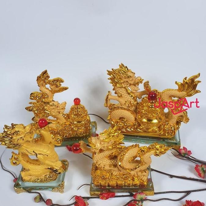 Patung Imlek Shio Naga 2024  Uang Emas Gold Resin Kaca Patung Naga Pajangan Imlek
