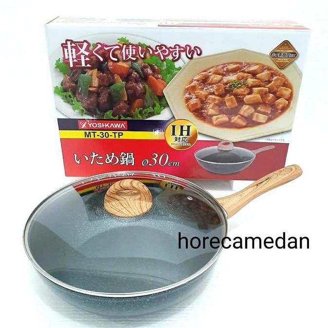{{{{}}] Wajan marble yoshikawa tutup kaca / wok pan granit anti lengket 30cm