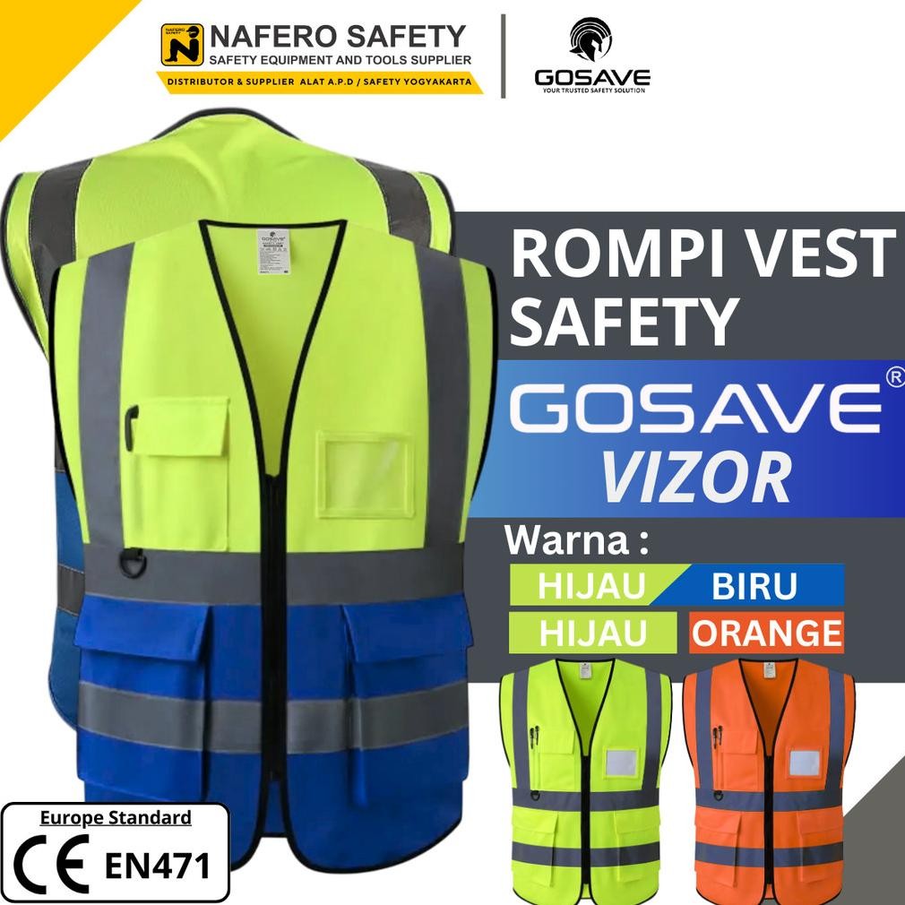 

Rompi Safety GOSAVE VIZOR model NAME TAG Scotlight 5 Kantong + Nametag / Id Card Zipper 2 Tone Warna