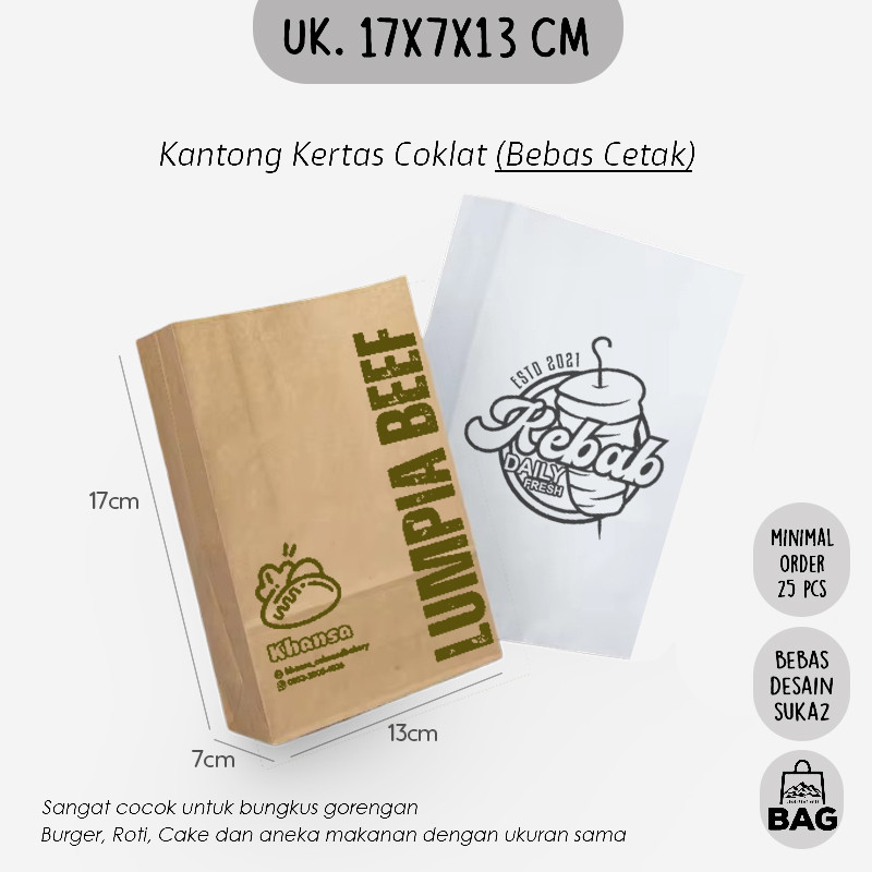 

(CUSTOM) Kantong Kertas Makanan Bebas Desain / Cetak Kantong Kertas Packing Kebab / Bungkus Makanan