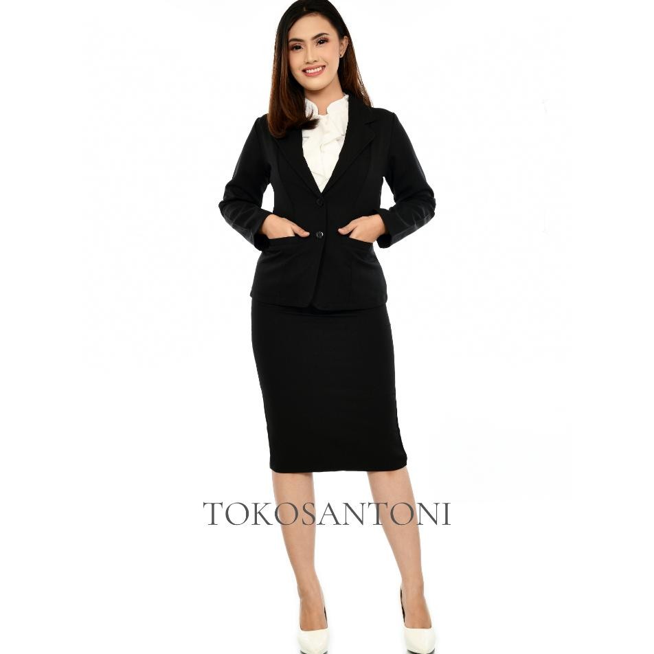 Santoni Setelan Blazer Dan Rok Span Hitam Sebetis 78 Kantoran Wanita Size M5L Jumbo