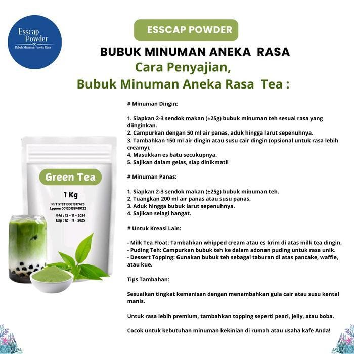 

Esscap Powder Minuman Rasa 1Kg - Minuman Pilihan Terbaik Untuk Usaha Minuman Drink Green Matcha Lemon Serbuk Instan Greentea Teh Bubuk Gula
