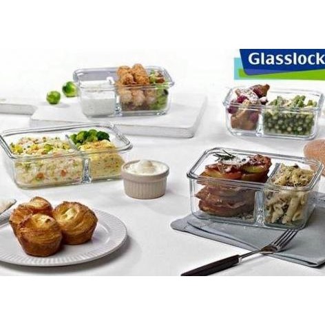 TERLARIS - Glasslock ~ Kotak Tempat Makanan Kaca Tutup Plastik 670Ml Sekat Dua