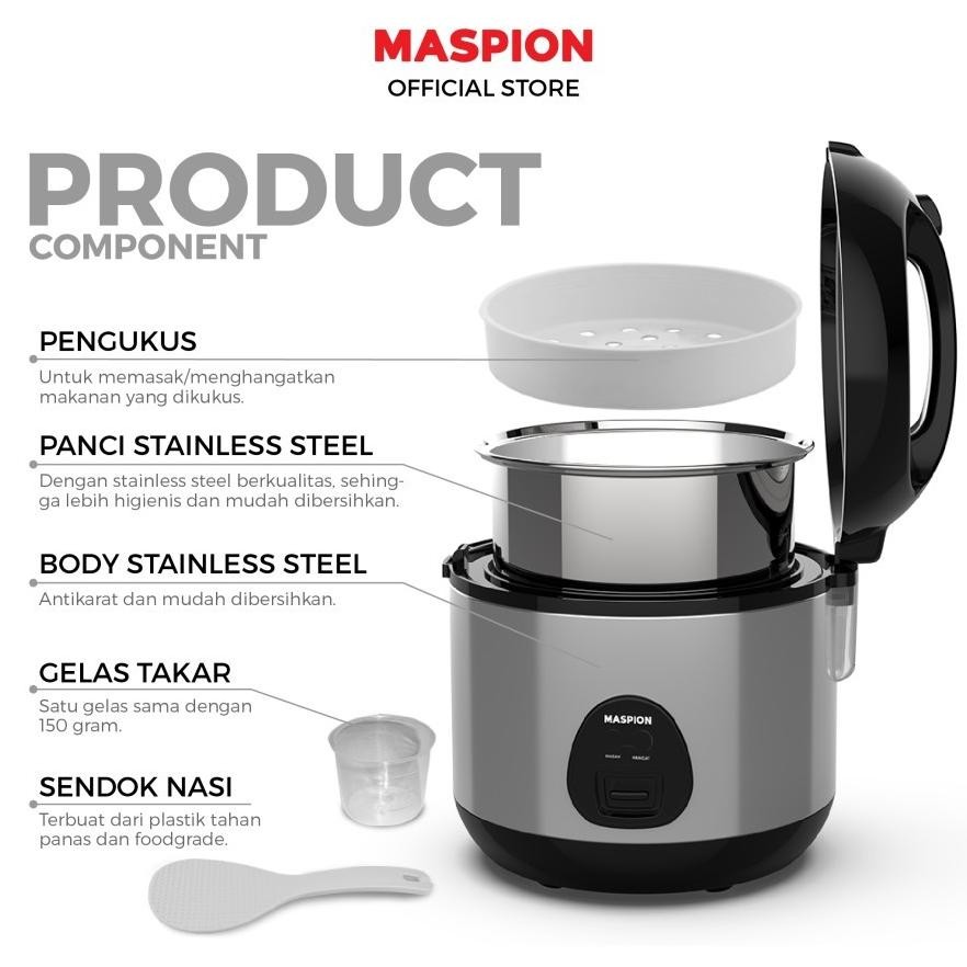Rice Cooker Maspion MRJ 0623 BSSS Panci Stainless 0,6 Liter Magic Com Penanak Nasi Warmer Steamer Mi