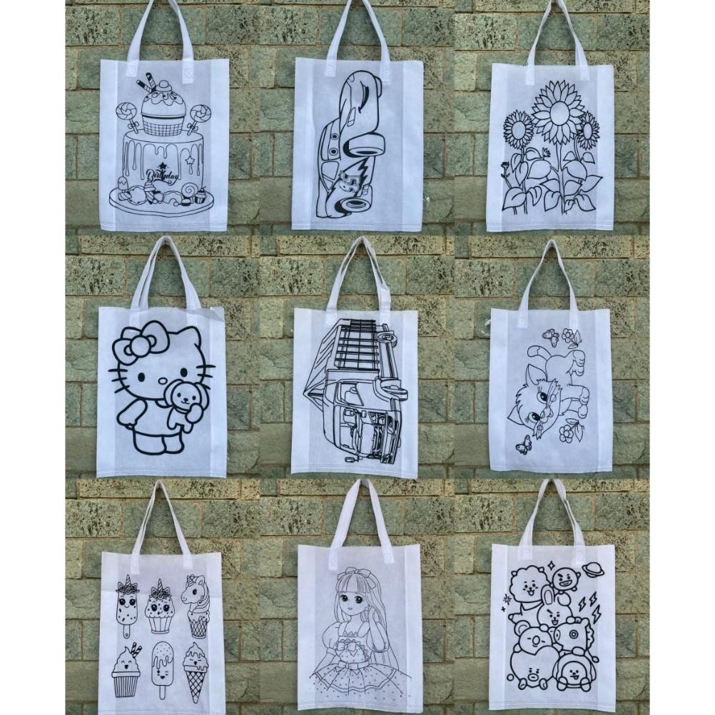 

Wes-24 Paket 10 Pcs Tas Spunbond Mewarnai Tali 30X40X8 - Goodie Bag Mewarnai / Melukis Anak / Lukis Tas / Lukis Goody Bag / Tas Lukis Wes-24