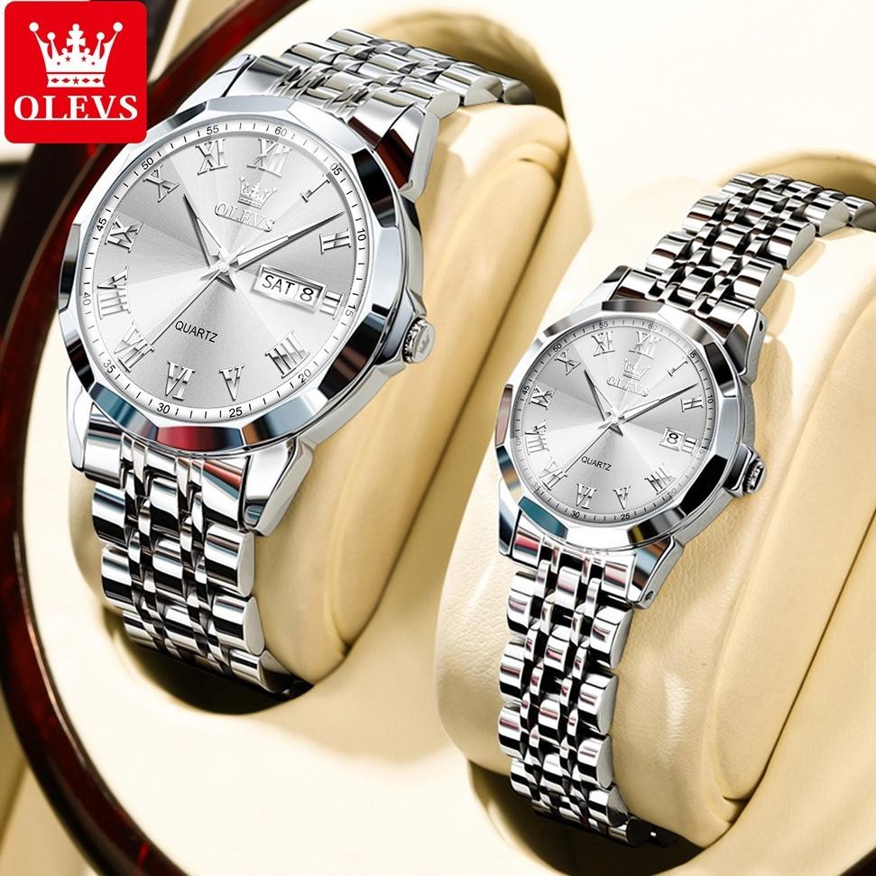 OLEVS Jam Tangan Couple Pasangan Anti Air Original Stainless Steel Analog Couple Watch Model 9990