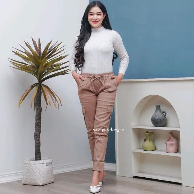 

Celana Pensil Cargo Wanita Serut Pinggang Full Karet Twill Katun Stretch Celana Melar Panjang Slimfit