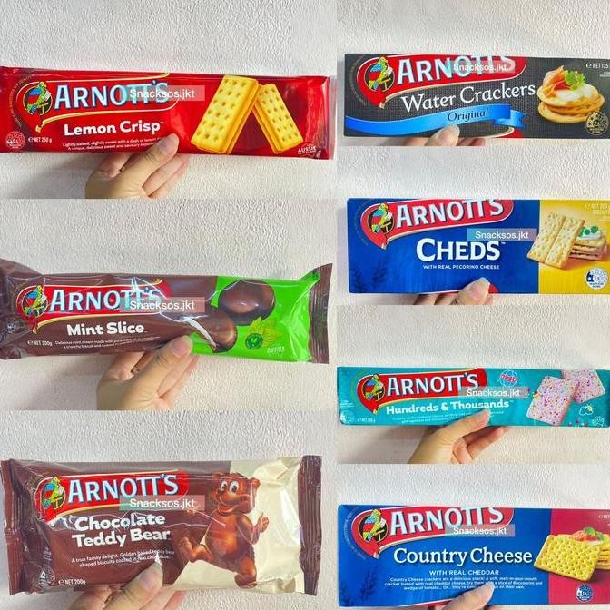 

ARNOTTS TEDDY BEAR CHOCOLATE / MINT SLICE / WATER CRACKER ORIGINAL / COUNTRY CHEESE / LEMON CRISP / BISKUIT HUNDREDS & THOUSANDS / ARNOTTS CHEDS - AUSTRALIA ARNOTTS