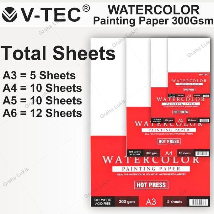 

V-TEC Watercolour Paper Hot Pressed A4 / A5 / A6 300 Gsm - Lembaran - A5 (148x210mm)