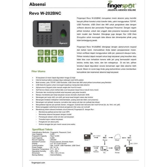 Mesin Absensi Fingerspot Revo W-202BNC Wifi dan Battery