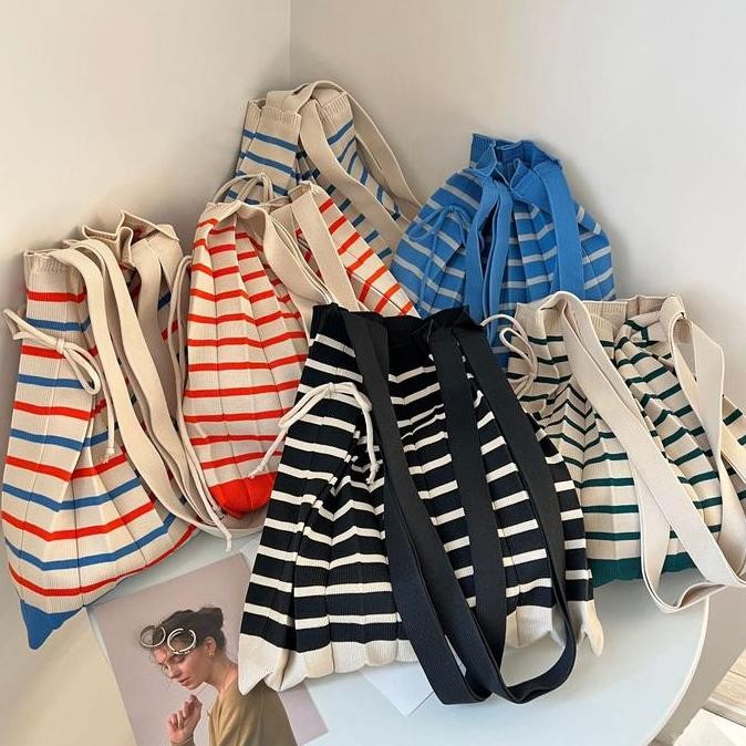 Sale Pleats Stripe Korean Hand Bag / Pleated Totebag / Pleat Tas Korea