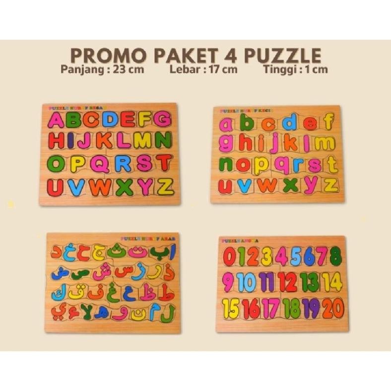 4 Paket puzzle kayu bongkar pasang edukasi anak Huruf besar, Kecil, Hijaiyah dan angka DiM