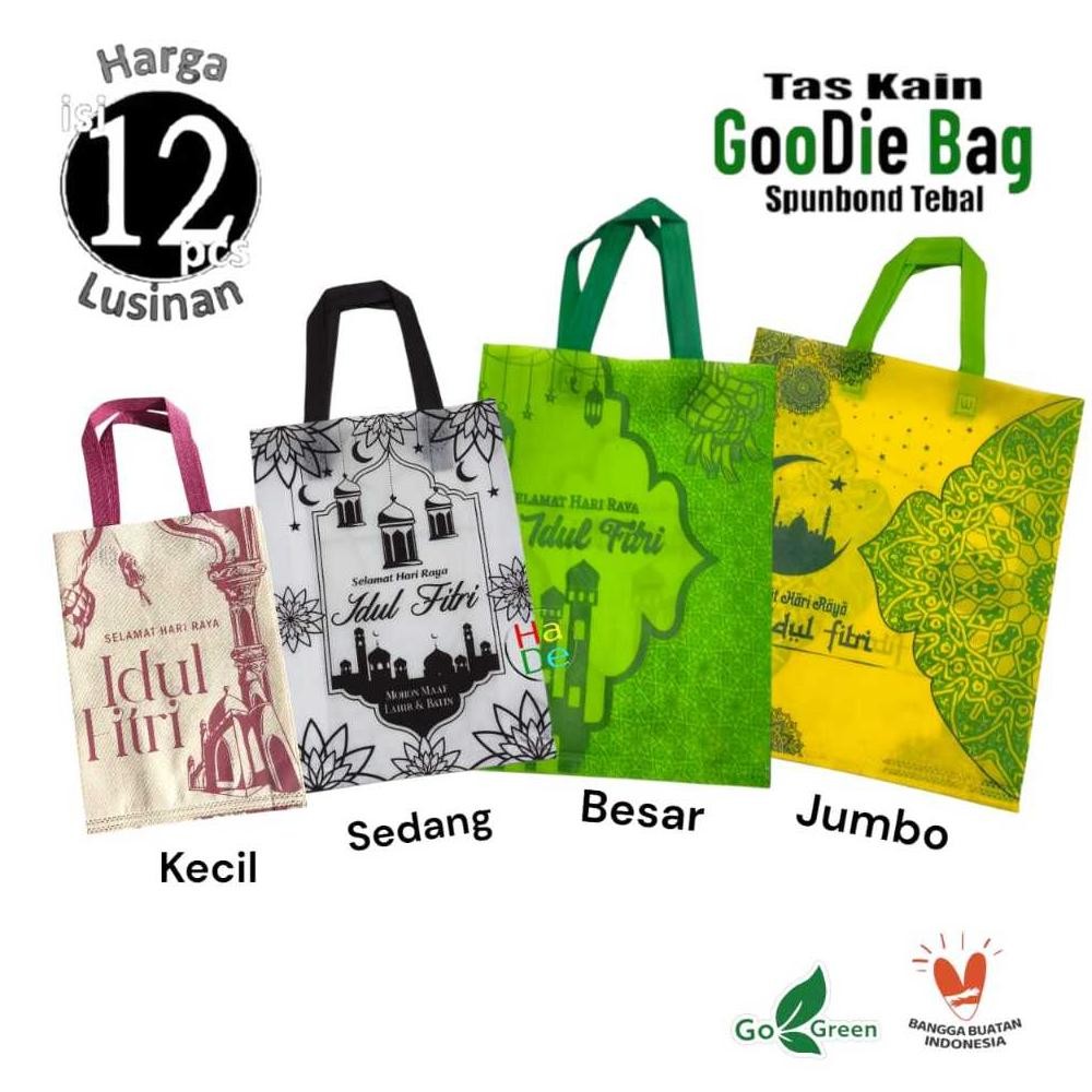 

fg-7 jg-8 1 Lusinan Isi 12 Pcs Tas Kain Spunbond Goodie Bag Tulisan Custom Sablon Lebaran Idul Fitri 2025 Termurah Kantong Belanja Sembako Goodybag Bingkisan Souvenir Snack, Hampers Paper Bag Hantaran Kue Kering Ukuran Kecil Besar Jumbo 25x35 30x40 38x45