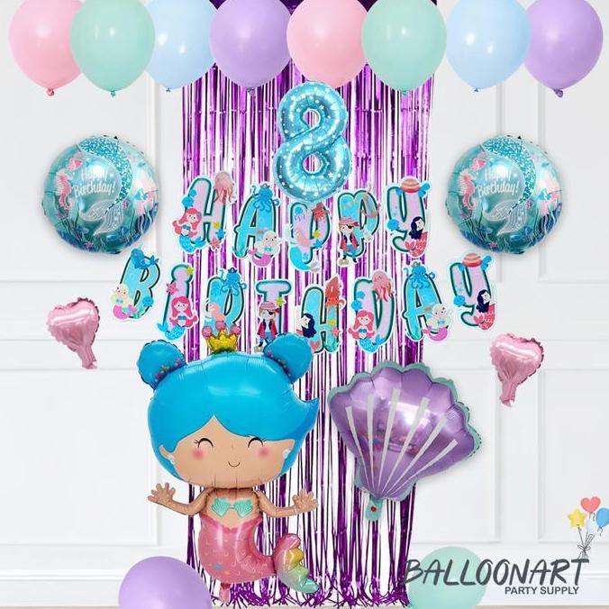 ready MERMAID SIMPLE DECORATION SET/HBD SET/DEKORASI ULTAH PUTRI DUYUNG/HAPPY BIRTHDAY