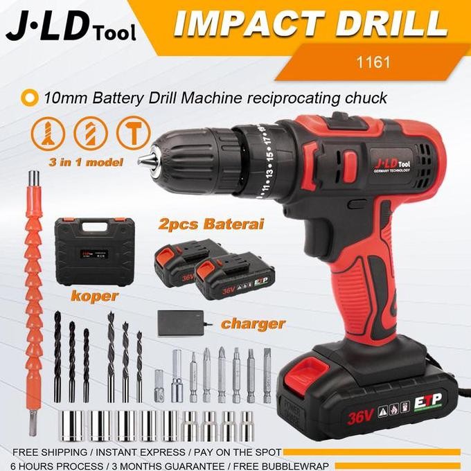 ASLI JLD TOOL BOR BETON CORDLESS DRILL 36VF 10MM 2 BATERAI FULL SET IMPACT CAS