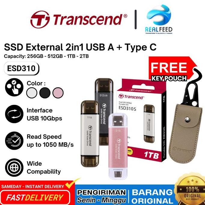 TERBARU - SSD External 2 IN 1 USB A + Type C Transcend ESD310C ESD310S 512GB 1TB