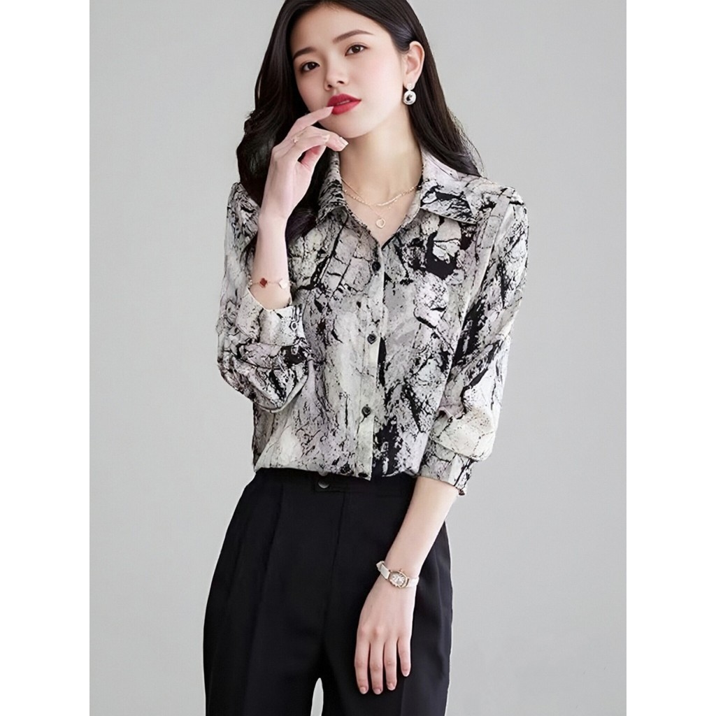 Kemeja Sifon Grafiti Tinta Lengan Panjang Longgar Wanita Gaya Jalanan Hitam