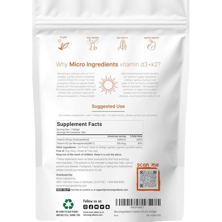 Micro Ingredients MicroIngredients Vitamin D3 5000IU K2 100mcg 300 Softgels