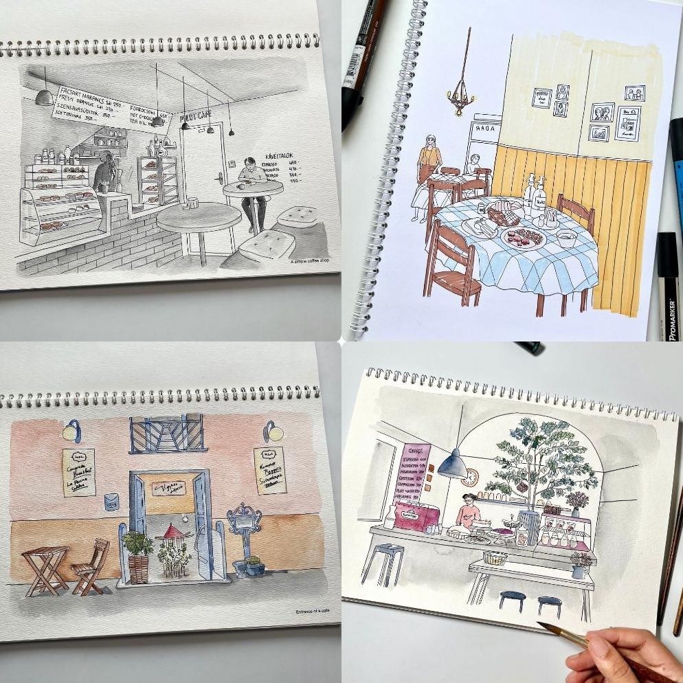 

Gfd-6 Colorscape Watercolor & Mixed Media Coloring Book - Aesthetic Cafes - Buku Mewarnai Dewasa Gfd-6