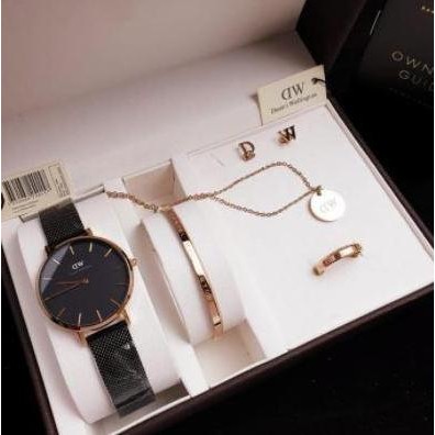 new  Paket Exclusive Anting Gelang Cincin Kalung Jam Tangan DW Wanita